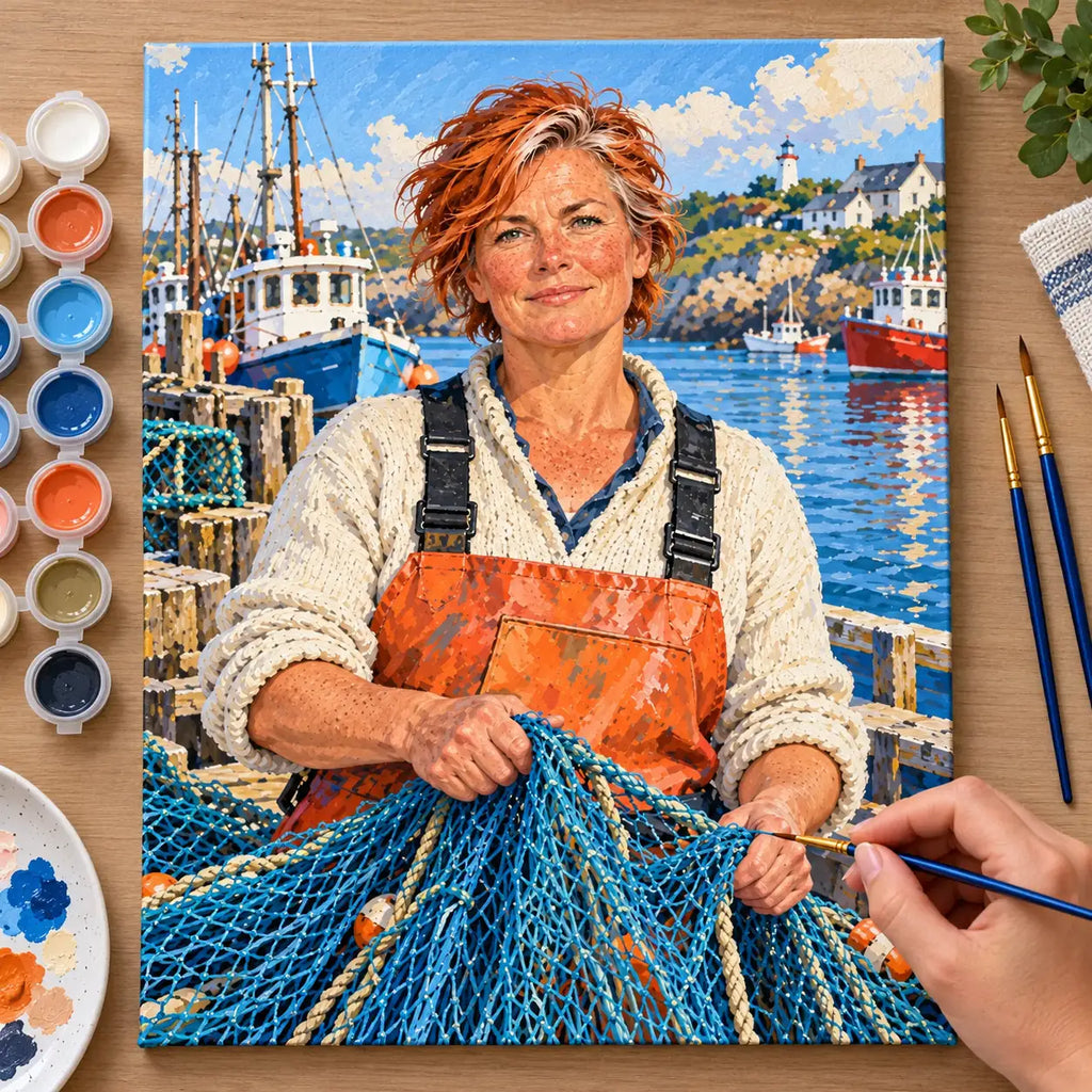 Painting process scene for the Fisherwoman Mending a Blue Net by the Harbor kit, showing its complete numbered canvas and painting tools.