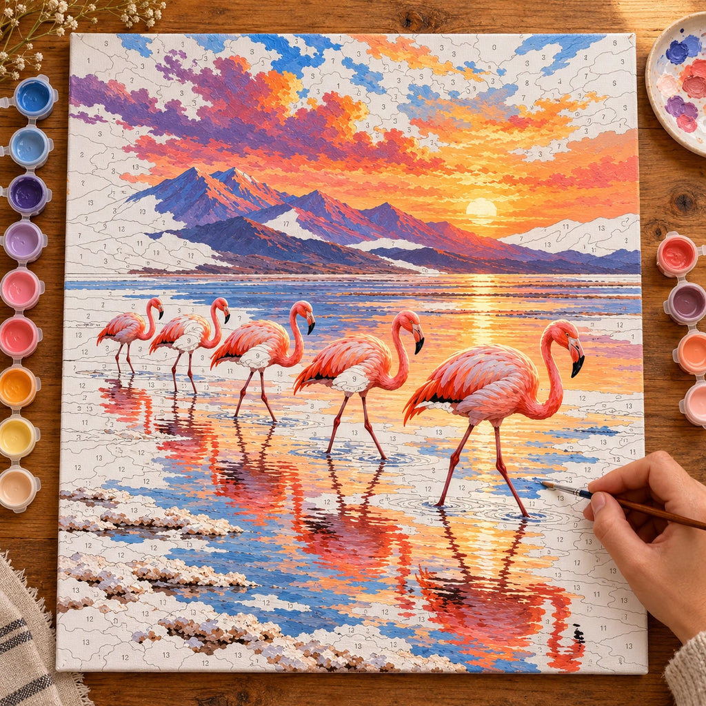Painting process for Flamingos on a Salt Flat at Sunset paint by numbers kit