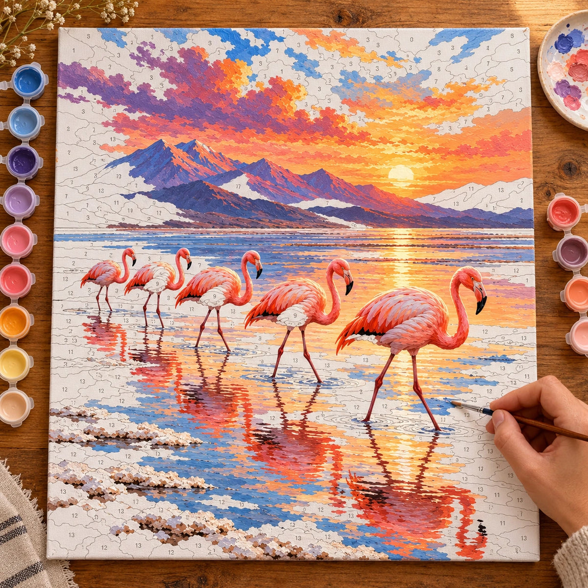 Painting process for Flamingos on a Salt Flat at Sunset paint by numbers kit