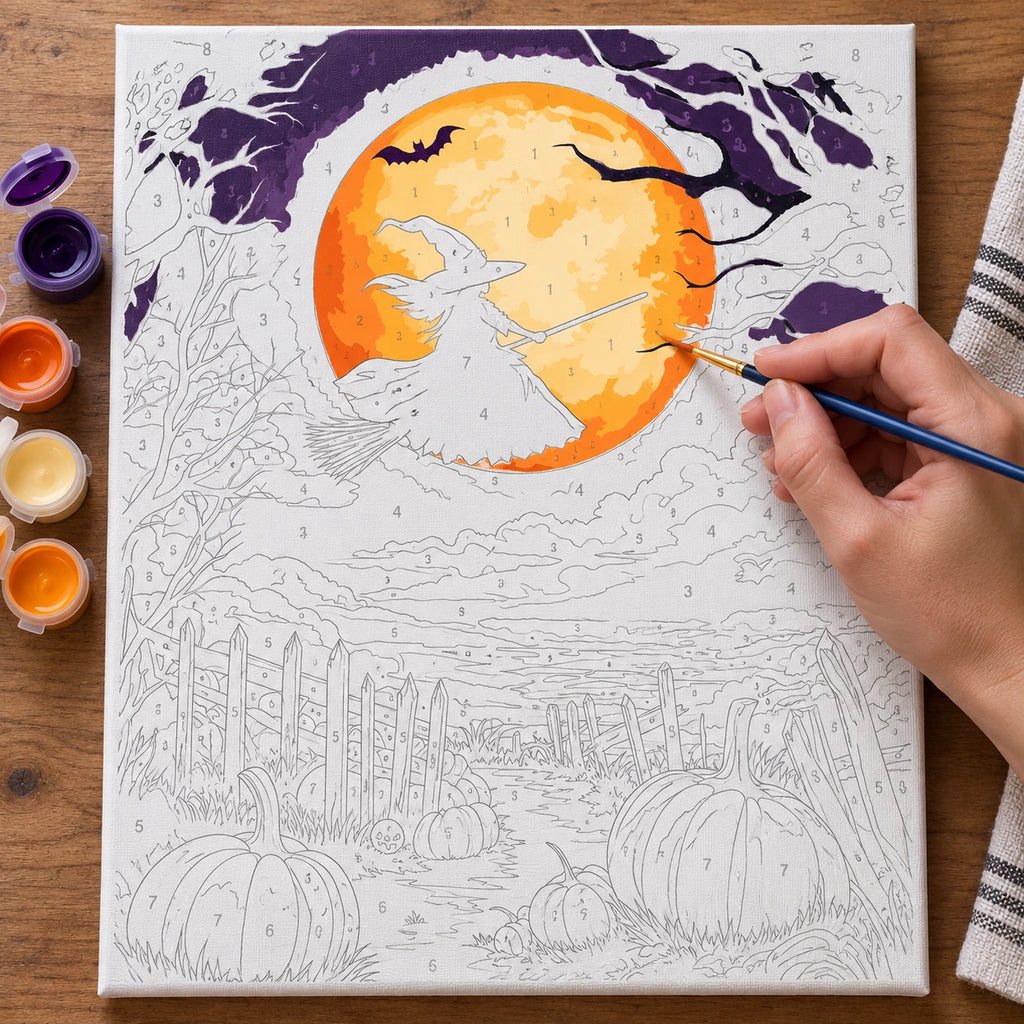 Complete Flight of the Harvest Witch numbered canvas being painted with acrylic paints and brushes