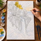Painting process scene for the Floating Island Waterfall kit, with the complete numbered canvas and painting tools.