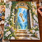 Painting process scene for the Floating Golden Key in an Enchanted Doorway kit, showing its complete numbered canvas and painting tools.