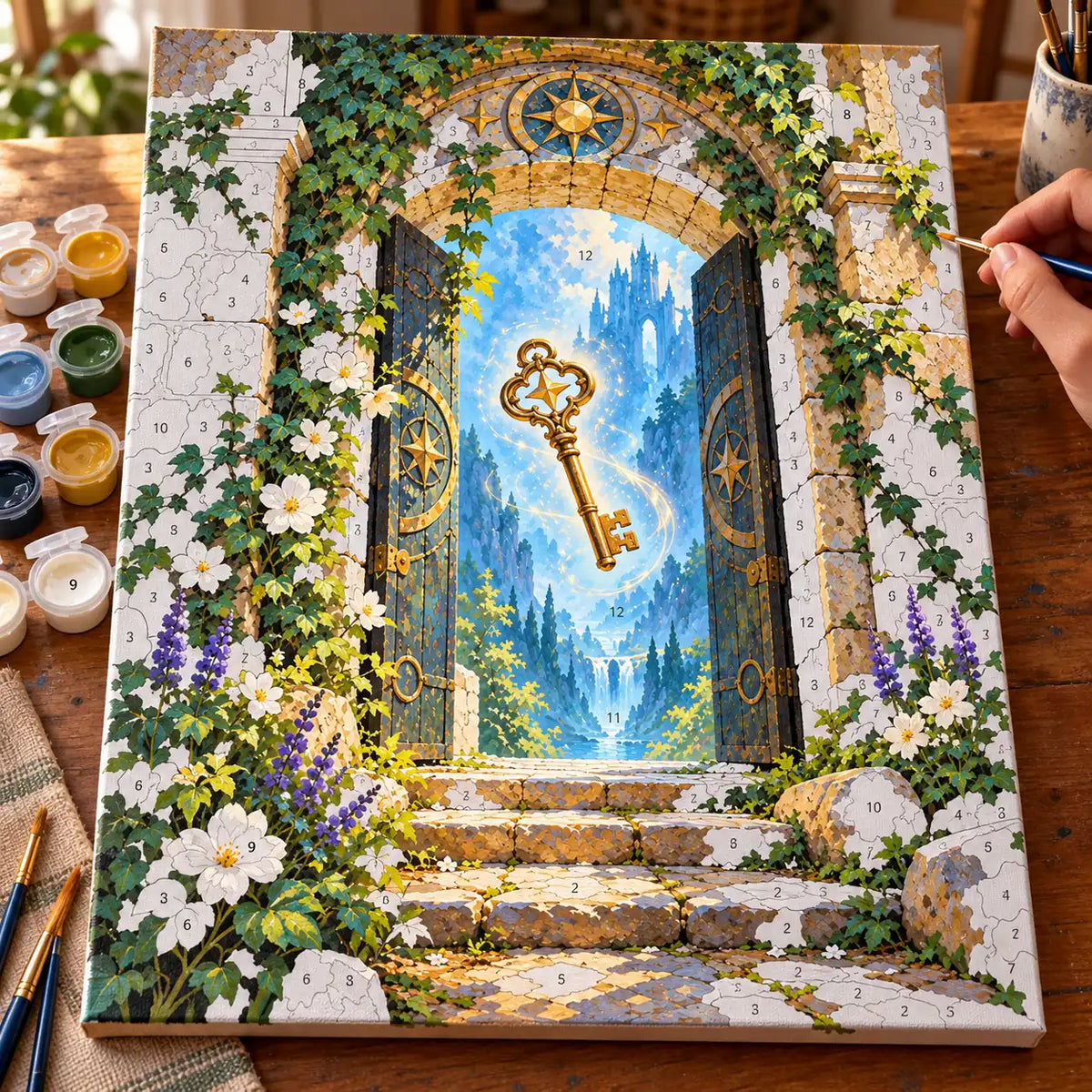 Painting process scene for the Floating Golden Key in an Enchanted Doorway kit, showing its complete numbered canvas and painting tools.