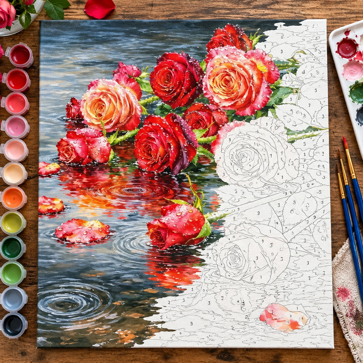 Floating Red Roses on Reflective Pond numbered canvas being painted with acrylic paints and brushes