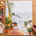 `04-florence-rooftop-terrace-duomo-sunset-painting-process.webp` — Numbered Florence rooftop terrace canvas being painted with acrylic colors, with the complete canvas edges visible.