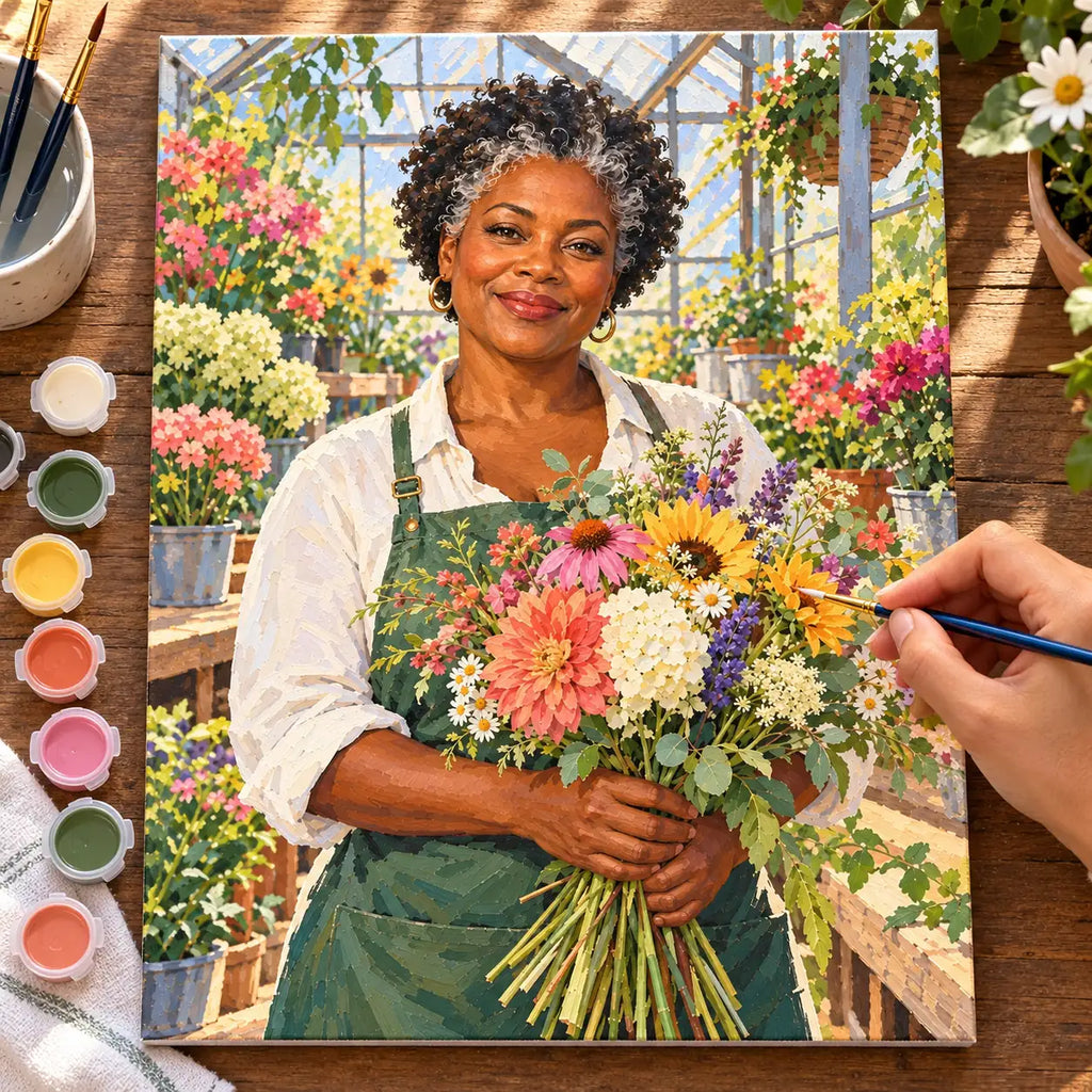Painting process scene for the Florist Greenhouse Portrait kit, showing its complete numbered canvas and painting tools.