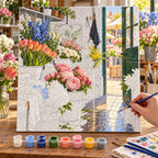 `04-flower-market-cool-room-painting-process.webp` — Painting process scene for the Flower Market Cool Room kit, with the complete numbered canvas and painting tools.