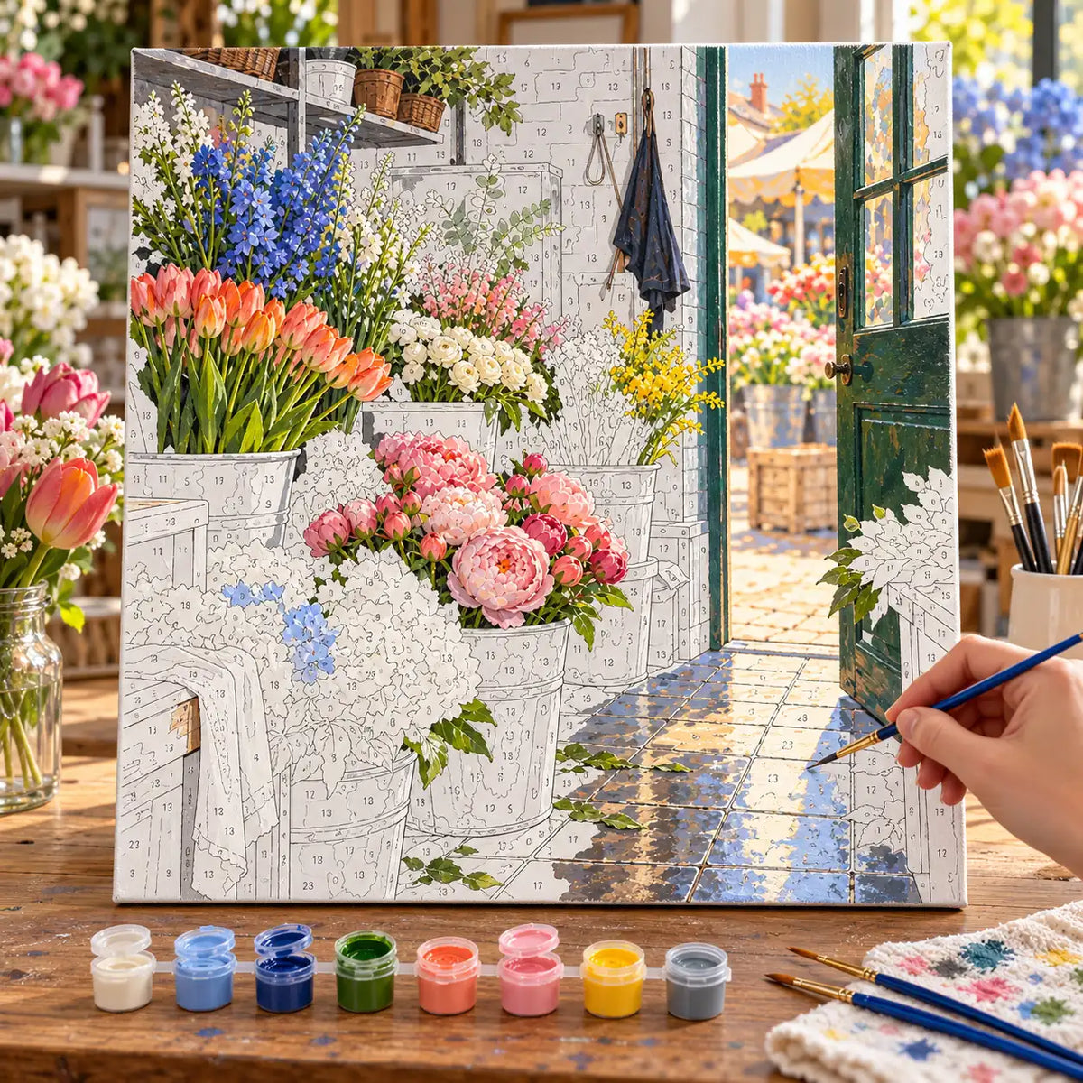 `04-flower-market-cool-room-painting-process.webp` — Painting process scene for the Flower Market Cool Room kit, with the complete numbered canvas and painting tools.