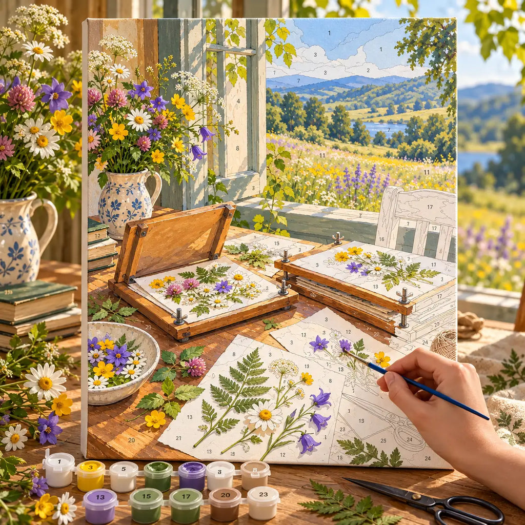`04-flower-pressing-table-painting-process.webp` — Painting process scene for the Flower Pressing Table kit, with the complete numbered canvas and painting tools.