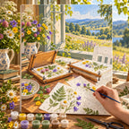 `04-flower-pressing-table-painting-process.webp` — Painting process scene for the Flower Pressing Table kit, with the complete numbered canvas and painting tools.