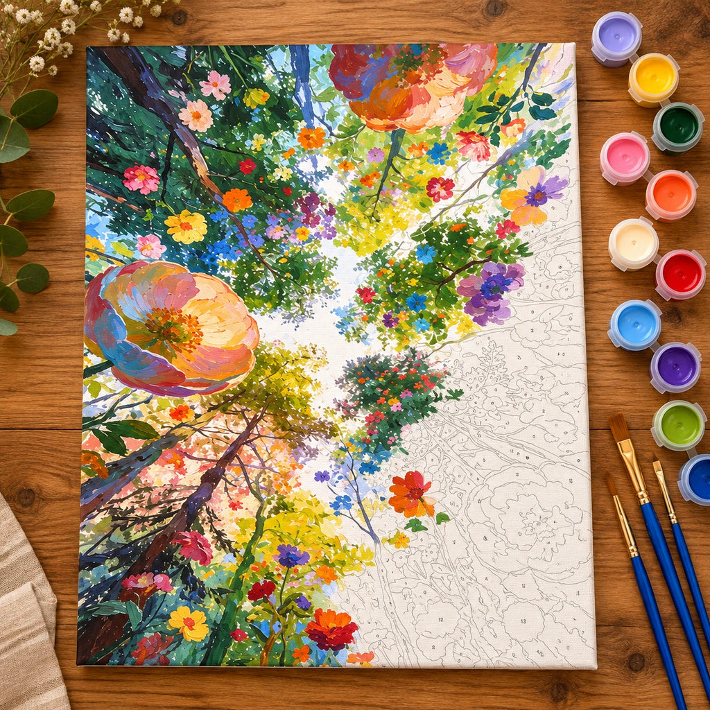 Flowering Tree Canopy numbered canvas being painted with acrylic paints and brushes