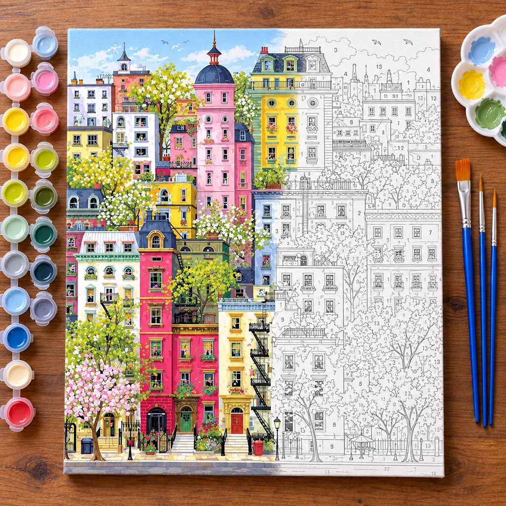Flowering Treetop City Street numbered canvas being painted with acrylic paints and brushes