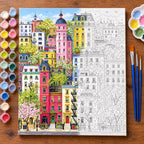 Flowering Treetop City Street numbered canvas being painted with acrylic paints and brushes