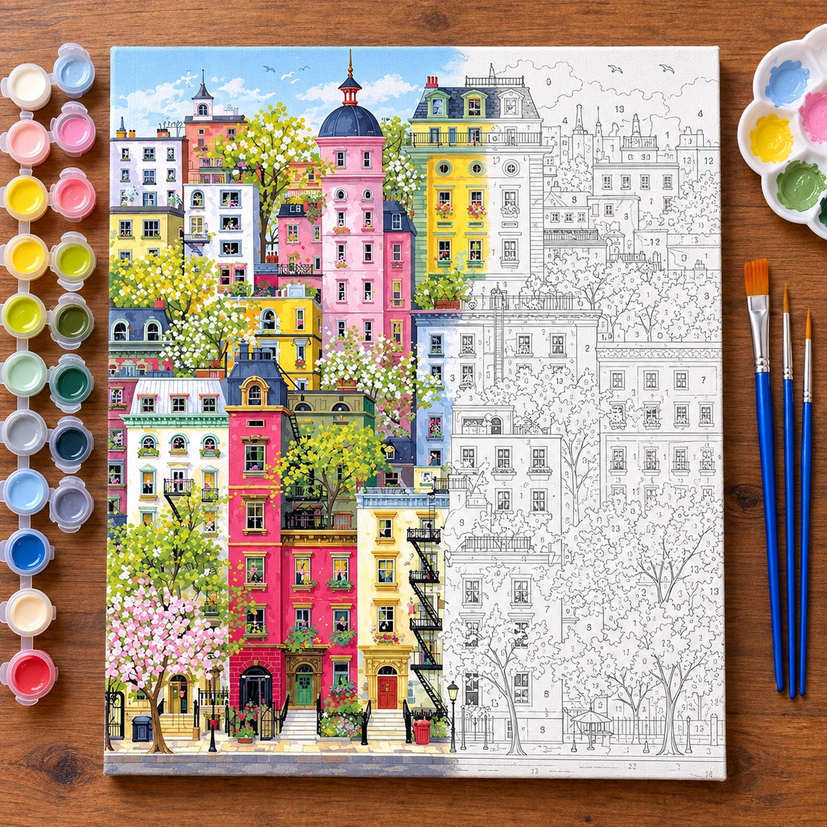Flowering Treetop City Street numbered canvas being painted with acrylic paints and brushes