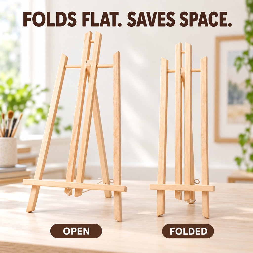 Wooden tabletop easel shown open and folded flat