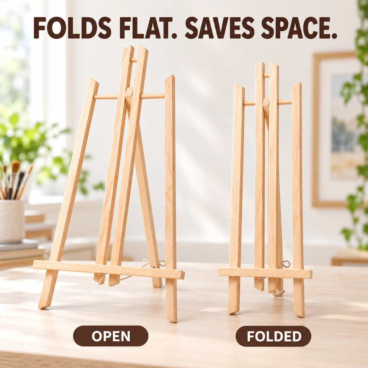 Wooden tabletop easel shown open and folded flat