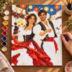 Painting process scene for the Folk Dancers in a Lantern-Lit Village Square kit, showing its complete numbered canvas and painting tools.