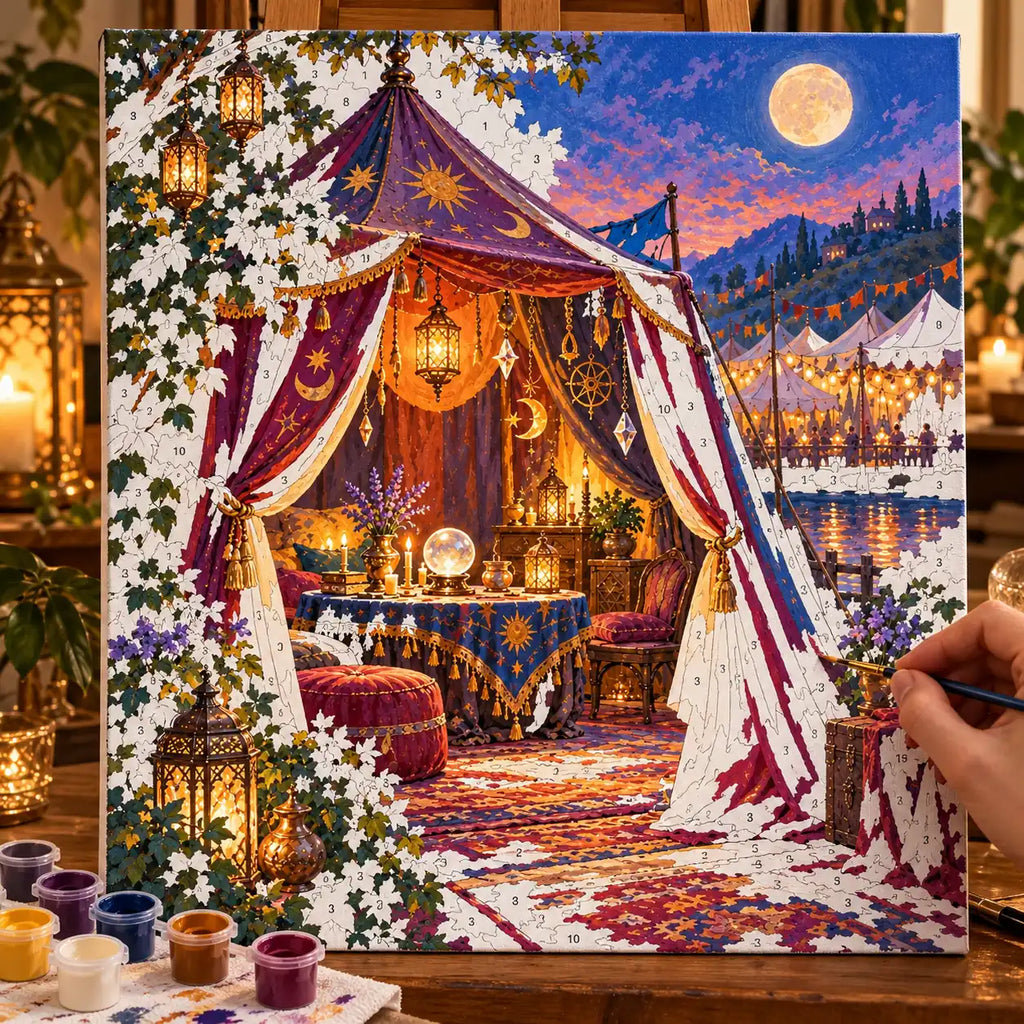 Painting process scene for the Fortune Tellers Tent Dusk kit, showing its complete numbered canvas and painting tools.