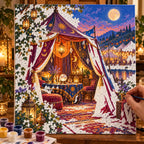 Painting process scene for the Fortune Tellers Tent Dusk kit, showing its complete numbered canvas and painting tools.
