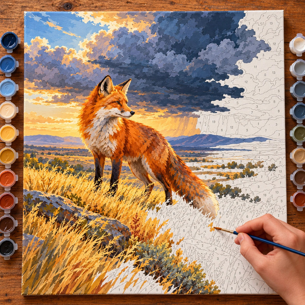Painting process for Fox on a Prairie beneath Thunderclouds paint by numbers kit