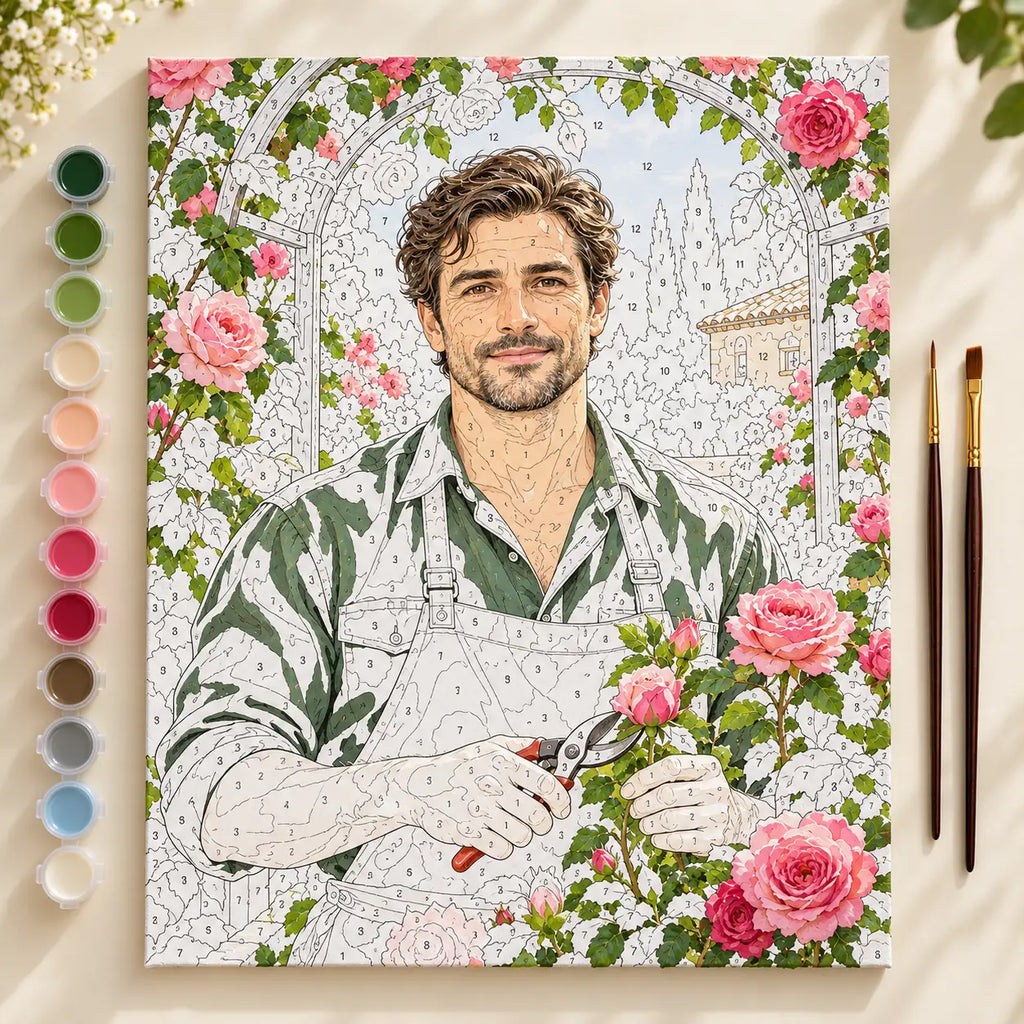 Painting process scene for the Gardener Pruning Roses in a Garden Arch kit, showing its complete numbered canvas and painting tools.