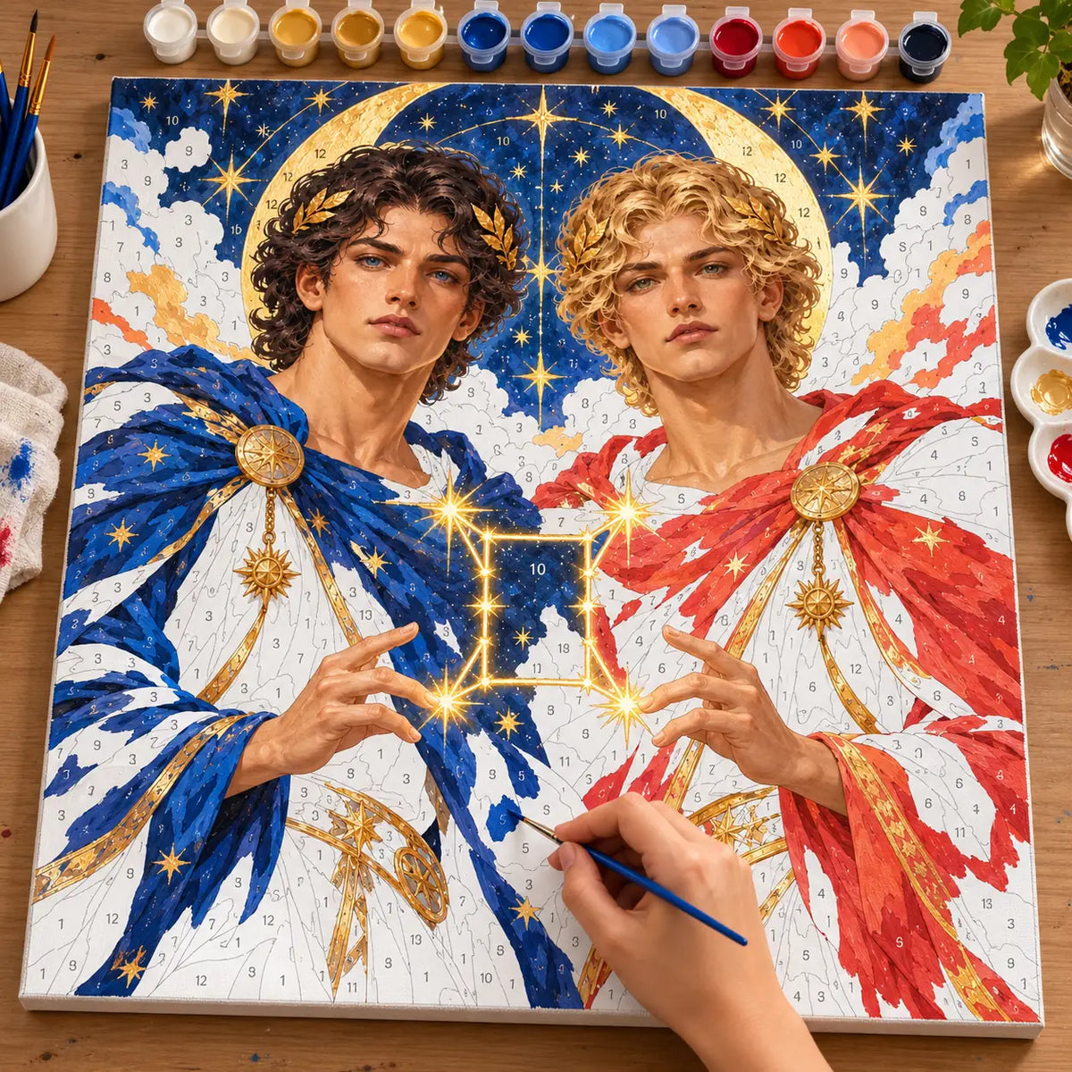 Painting process scene for the Gemini Twin Brothers Constellation kit, with the complete numbered canvas and painting tools.