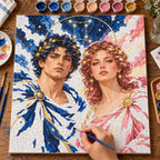 Painting process scene for the Gemini Twins Shared Constellation kit, with the complete numbered canvas and painting tools.