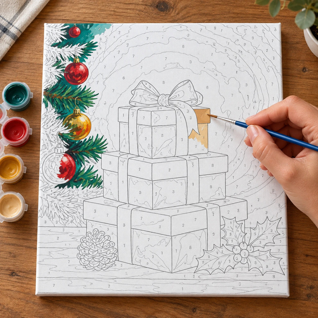 Complete Gifts Beneath the Evergreen numbered canvas being painted with acrylic paints and brushes