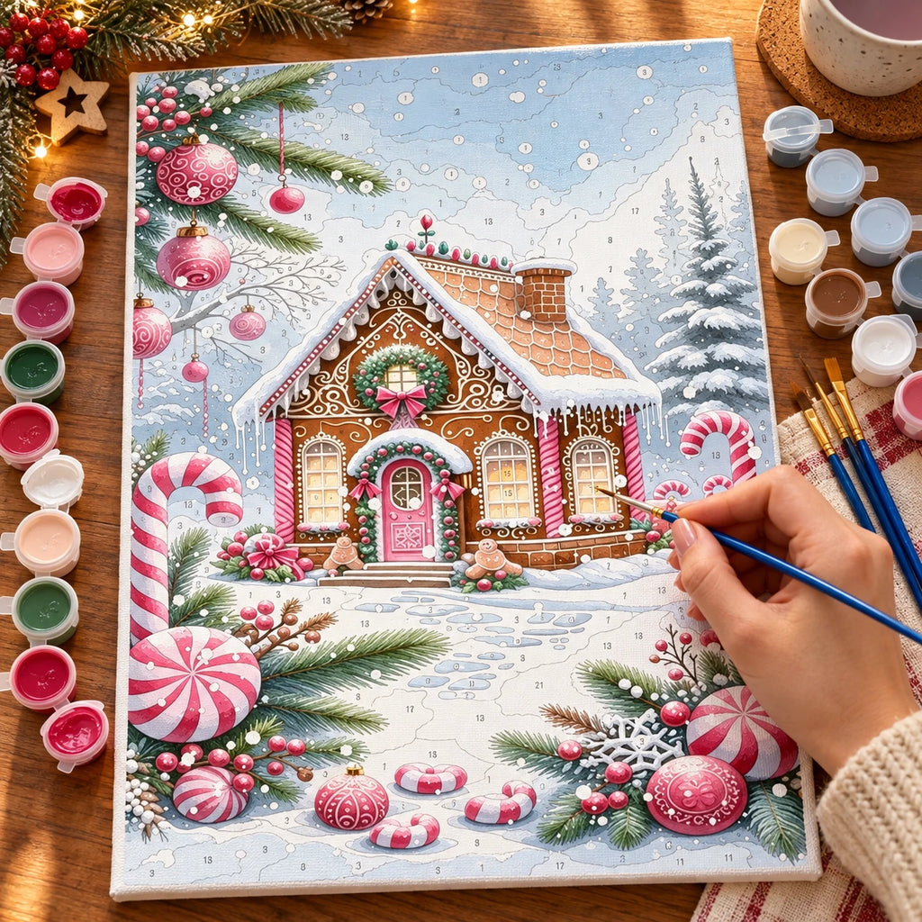 Complete Gingerbread Christmas Cottage numbered canvas being painted with acrylic paints and brushes