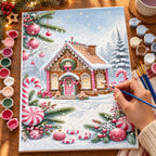 Complete Gingerbread Christmas Cottage numbered canvas being painted with acrylic paints and brushes