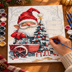 Complete Gnome Christmas Welcome numbered canvas being painted with acrylic paints and brushes