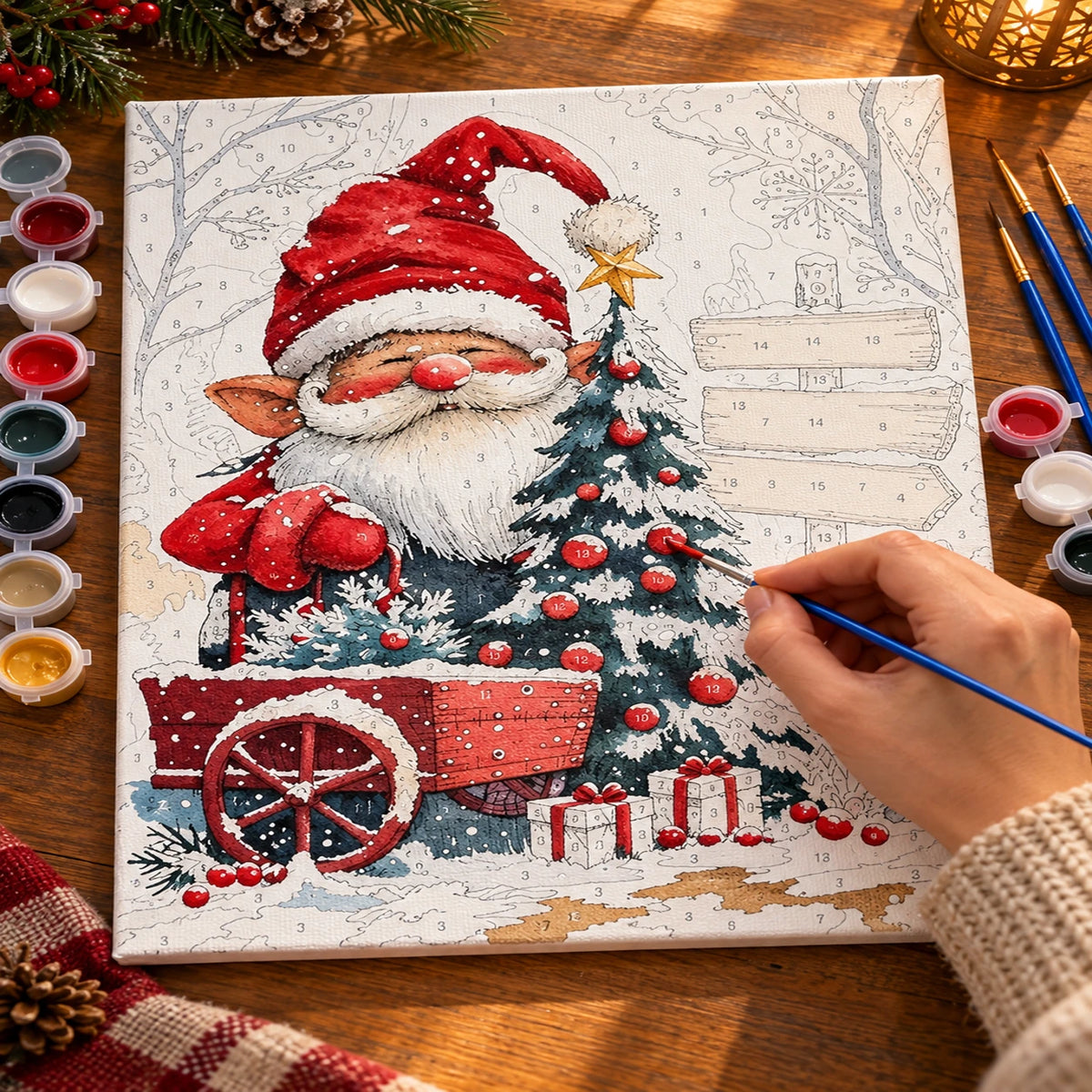 Complete Gnome Christmas Welcome numbered canvas being painted with acrylic paints and brushes