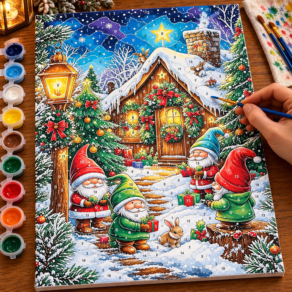 Complete Gnomes at the Snowy Cabin numbered canvas being painted with acrylic paints and brushes