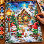 Complete Gnomes at the Snowy Cabin numbered canvas being painted with acrylic paints and brushes