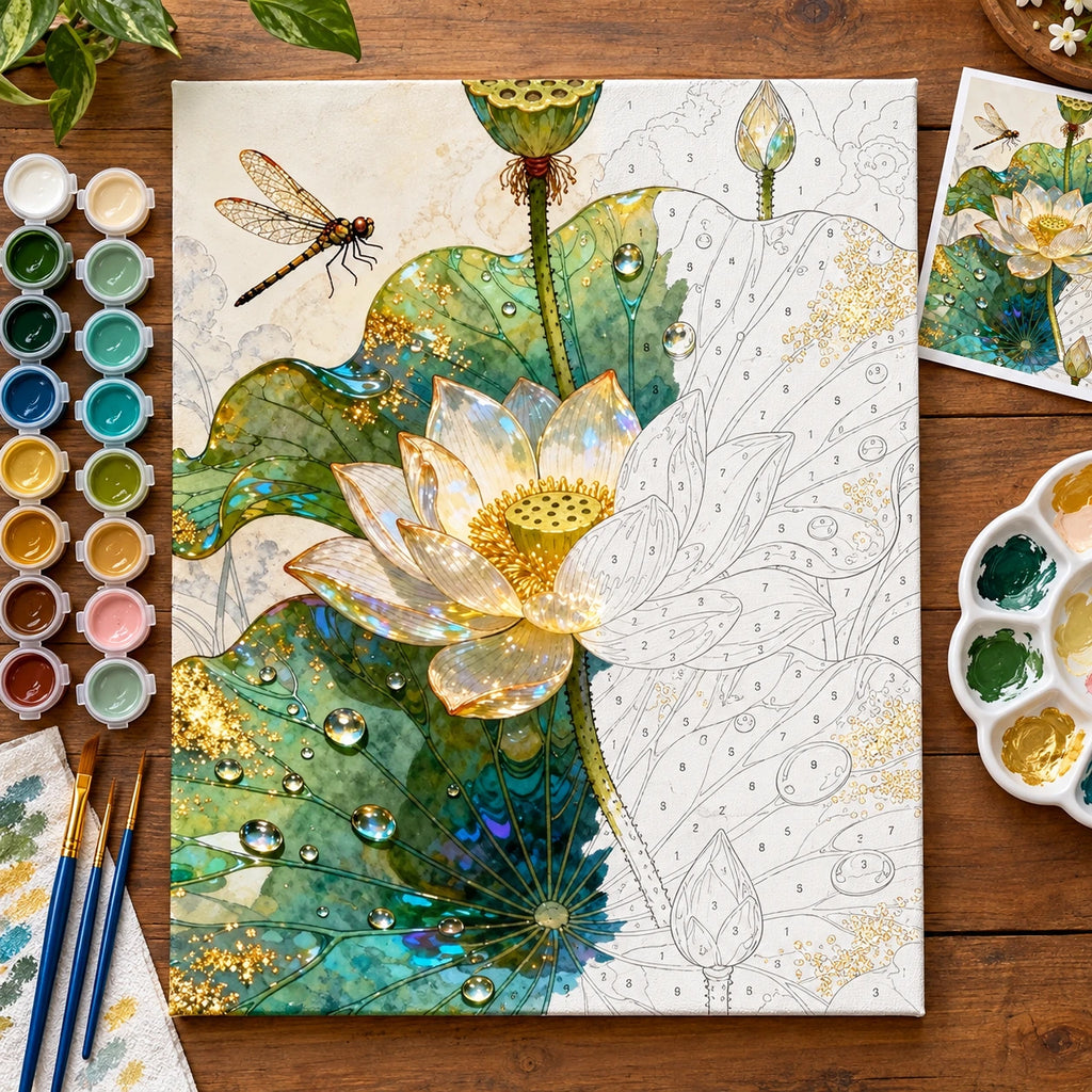 Gold Green Lotus and Dragonfly numbered canvas being painted with acrylic paints and brushes