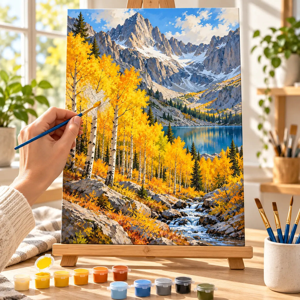 Painting process example for the golden aspen cirque paint by numbers design.