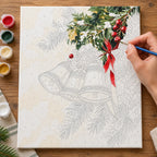 Complete Golden Bells in Evergreen numbered canvas being painted with acrylic paints and brushes