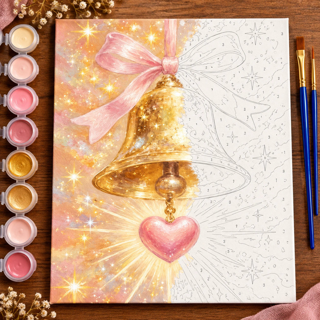 Golden Bell with Pink Heart numbered canvas being painted with acrylic paints and brushes