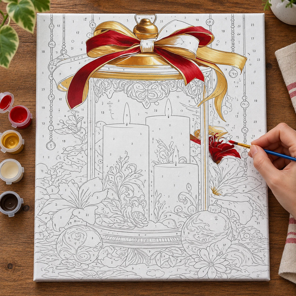 Complete Golden Lantern Christmas Candle numbered canvas being painted with acrylic paints and brushes