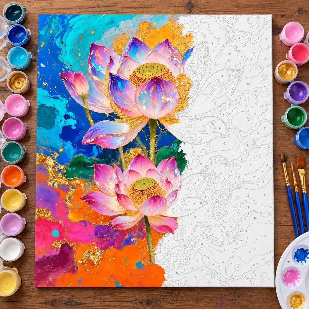 Golden Lotus Duo numbered canvas being painted with acrylic paints and brushes