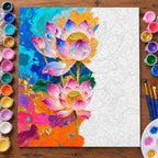 Golden Lotus Duo numbered canvas being painted with acrylic paints and brushes