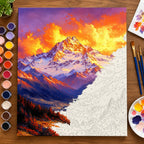 Golden Sunrise Mountain Range numbered canvas being painted with acrylic paints and brushes