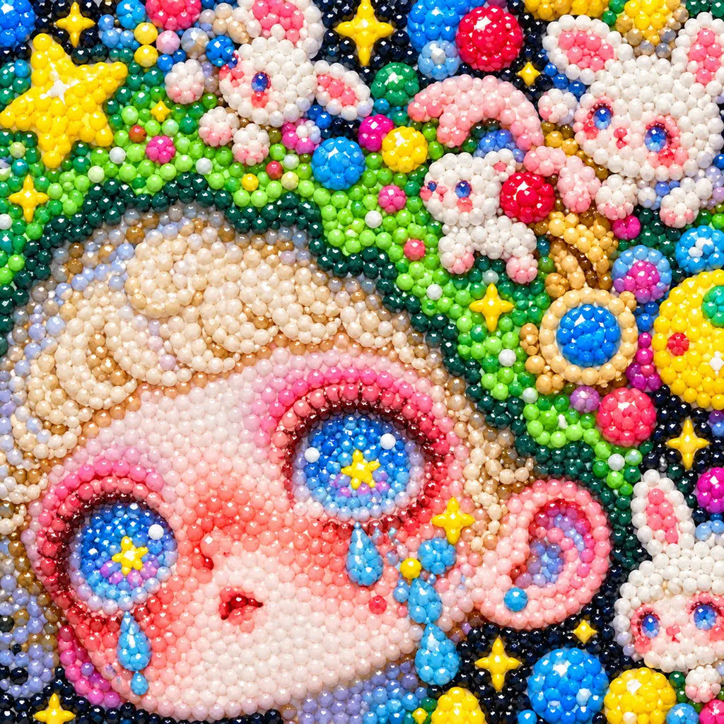 Close-up of sparkling drills in the green bunny cosmos girl diamond painting design