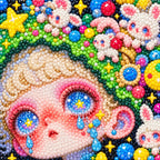 Close-up of sparkling drills in the green bunny cosmos girl diamond painting design
