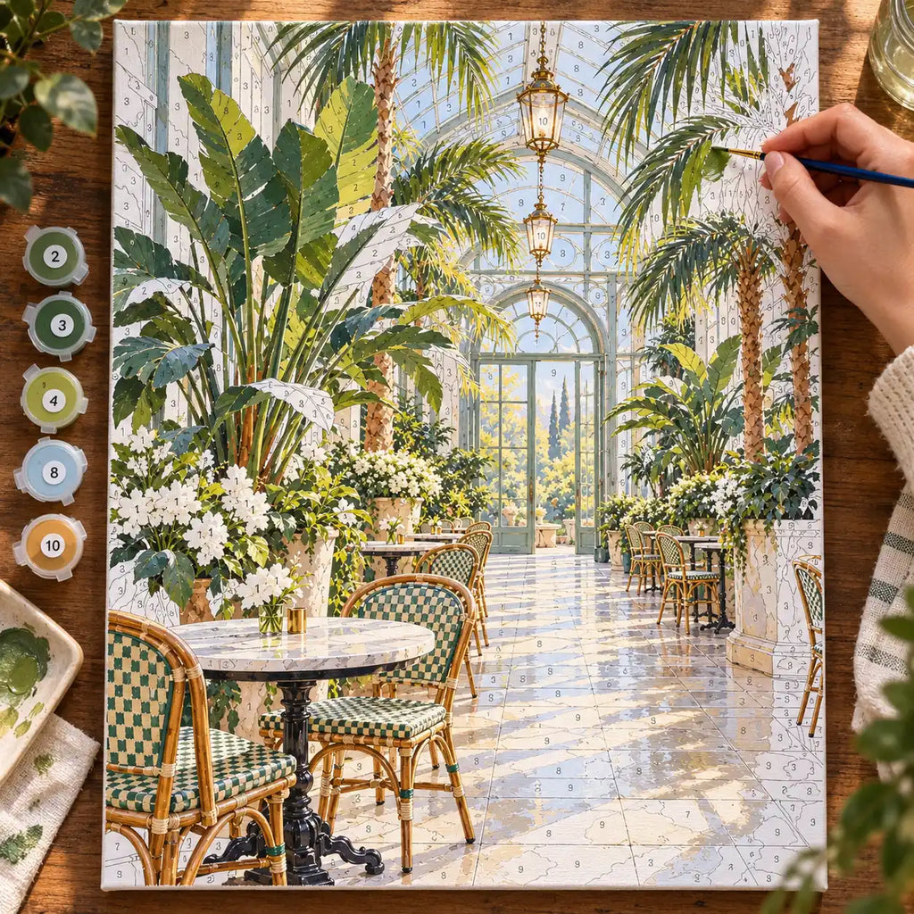 `04-greenhouse-cafe-empty-tables-painting-process.webp` — Painting process scene for the Greenhouse Cafe Empty Tables kit, with the complete numbered canvas and painting tools.