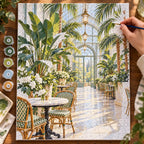 `04-greenhouse-cafe-empty-tables-painting-process.webp` — Painting process scene for the Greenhouse Cafe Empty Tables kit, with the complete numbered canvas and painting tools.