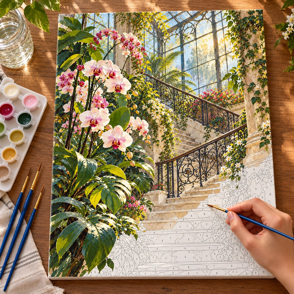 Complete Greenhouse Staircase Orchids numbered canvas being painted with acrylic paints and brushes