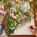 Complete Greenhouse Staircase Orchids numbered canvas being painted with acrylic paints and brushes