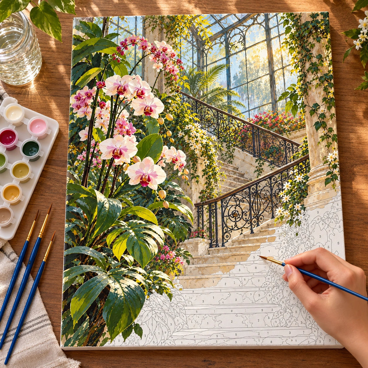 Complete Greenhouse Staircase Orchids numbered canvas being painted with acrylic paints and brushes