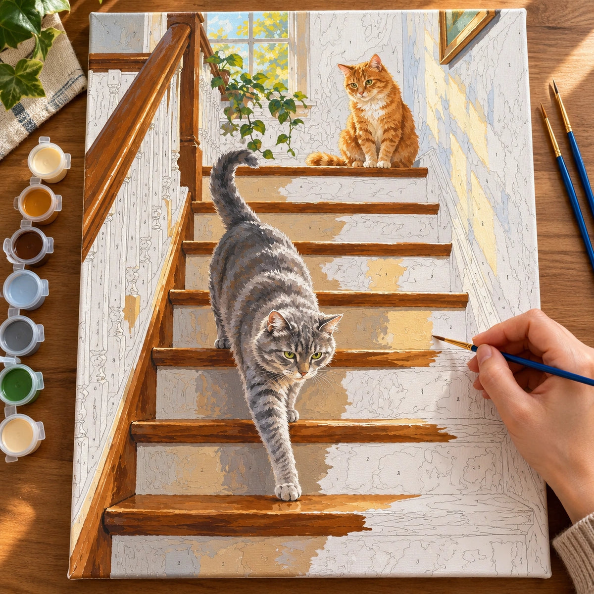 Painting process for Grey Cat and Orange Cat on a Staircase paint by numbers kit